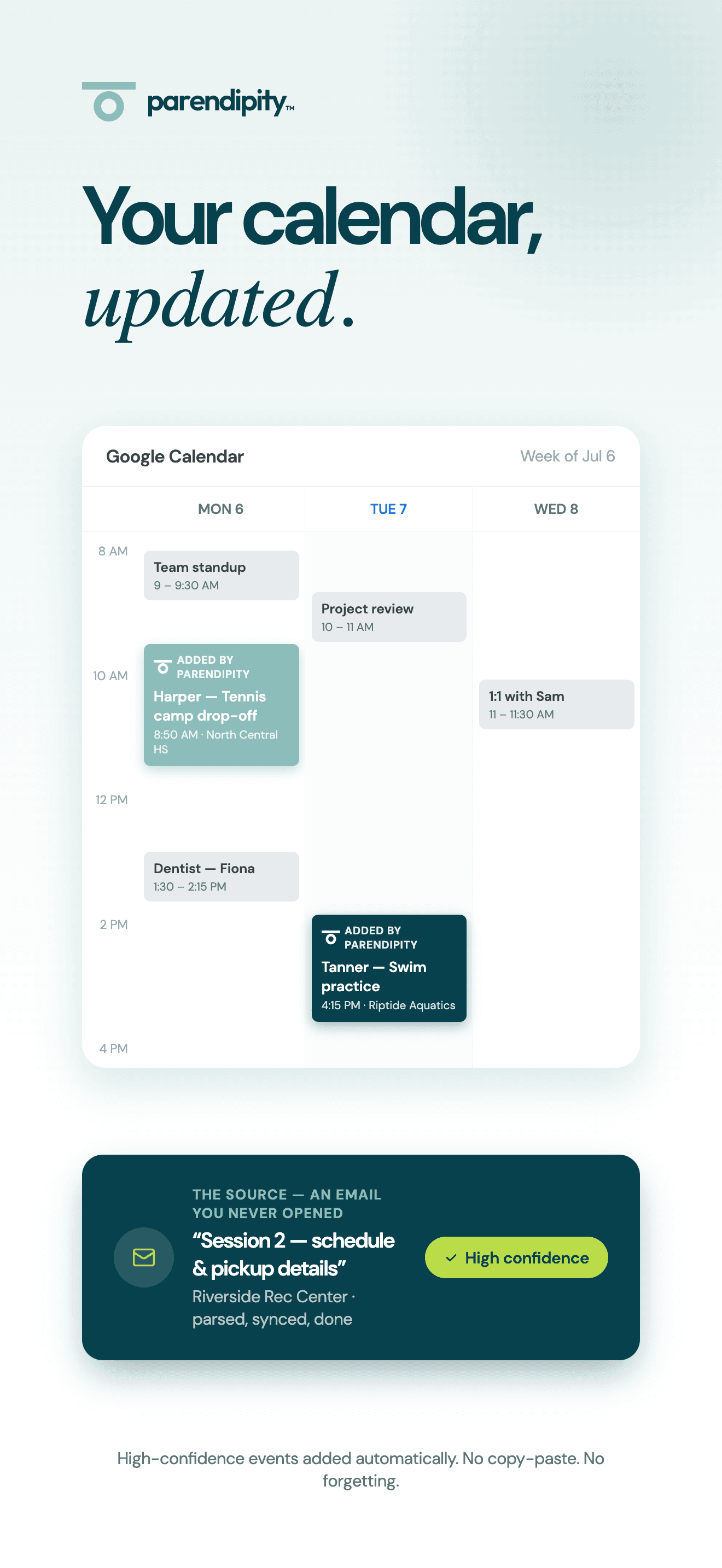 Family activities from email appear automatically in Google Calendar